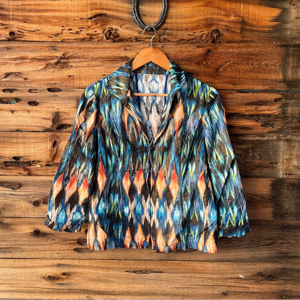 CHICO’S | Women's Linen Blend Multicolor Metallic Ikat Print Jacket M